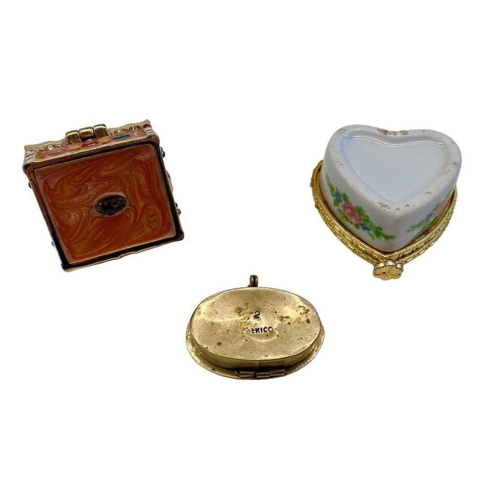 Vintage Antique Flower Rhinestones Opal Christmas Silver Gold 3 Mini Pill Boxes - Picture 3 of 13